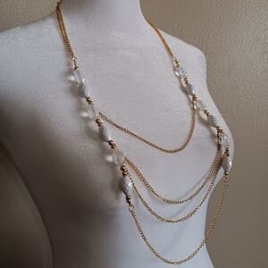 Fairy Festival Renaissance Layered White Clear Beaded Gold Tone Chain Necklace
